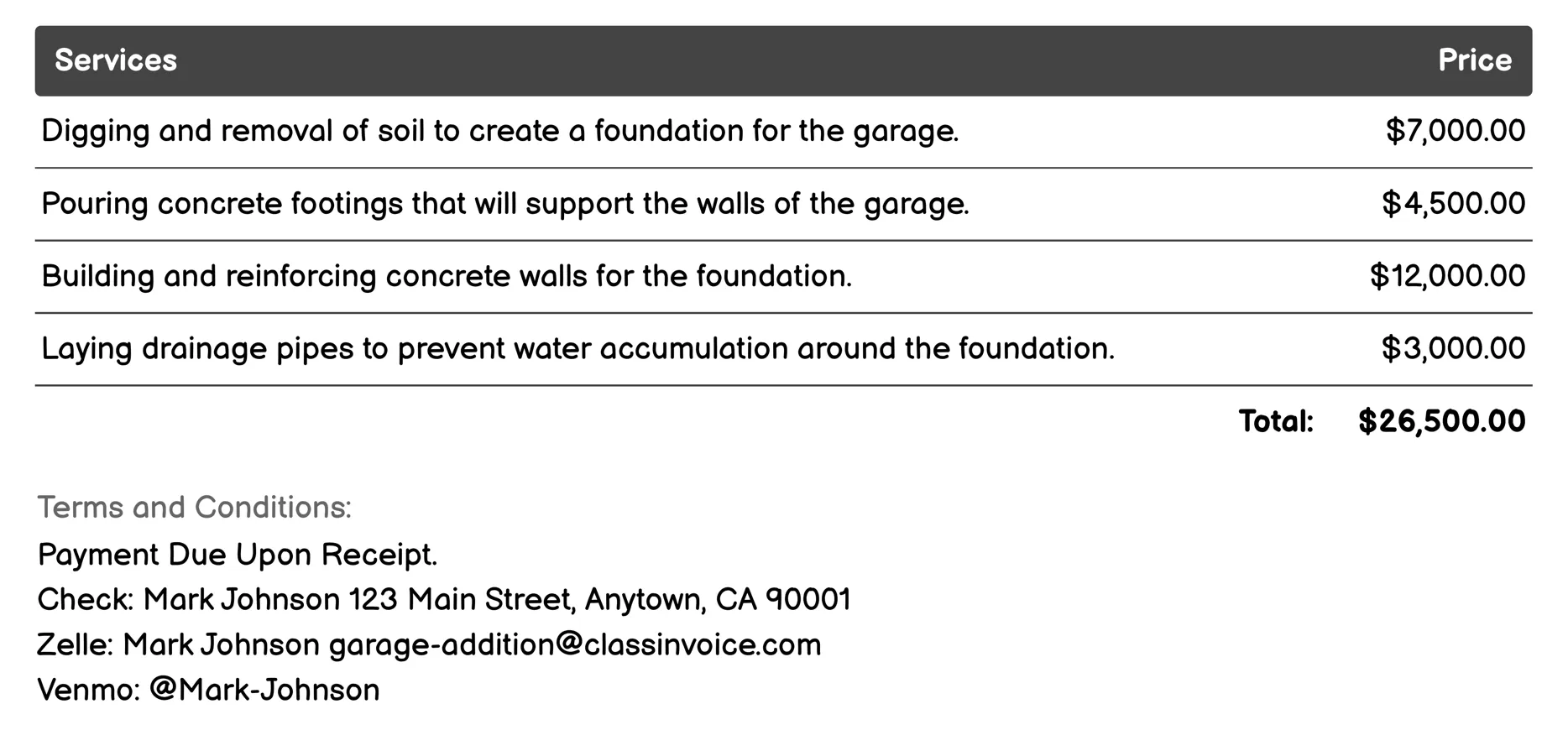 Foundation Construction Invoice Example