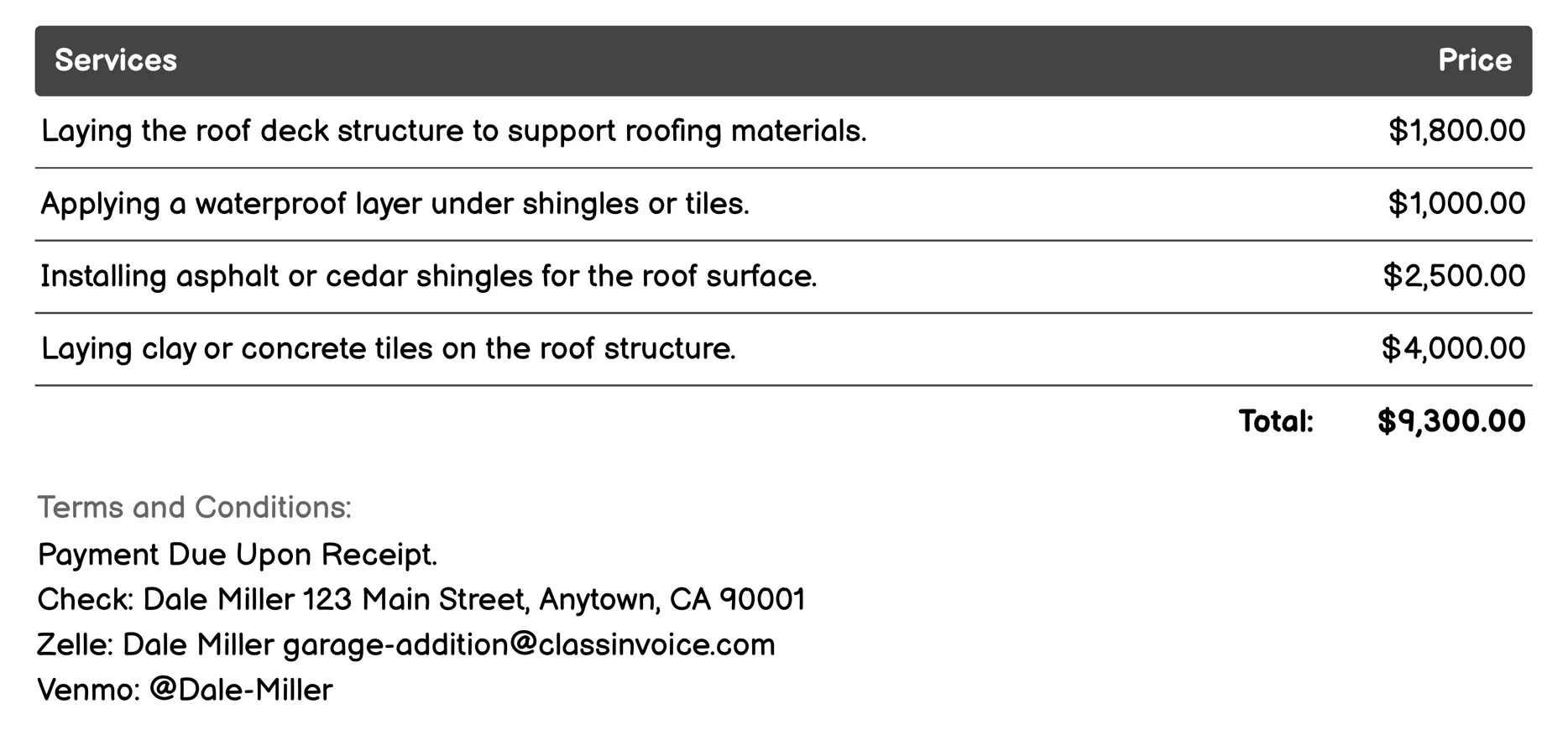 Roofing Installation Invoice Example