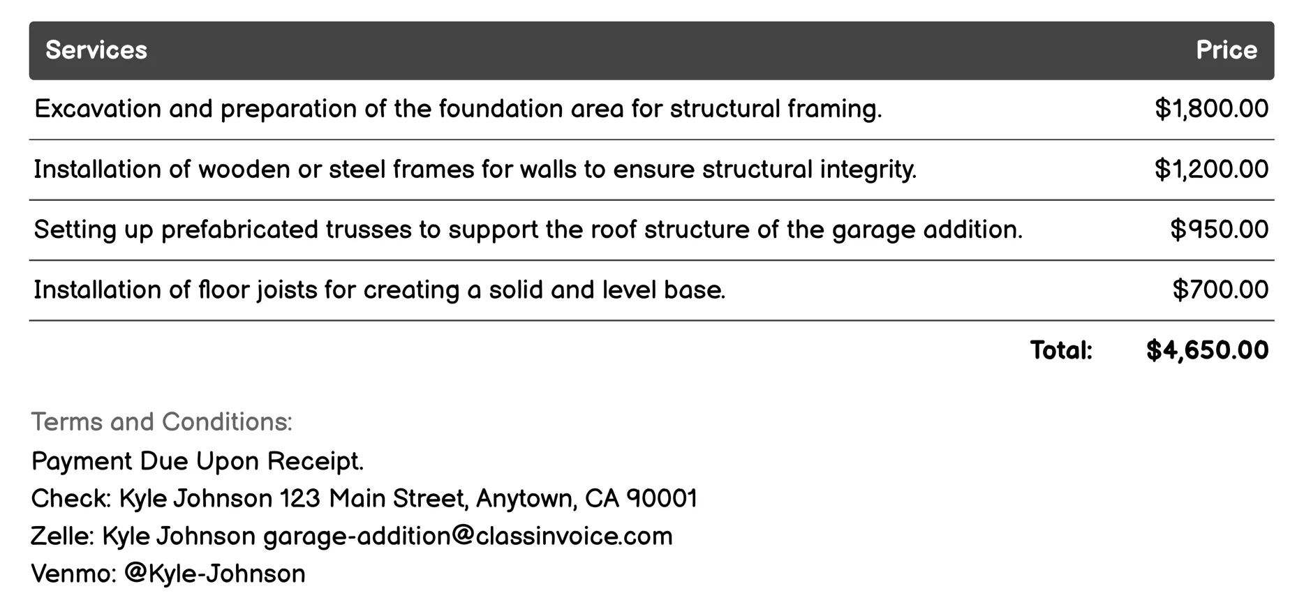 Structural Framing Invoice Example