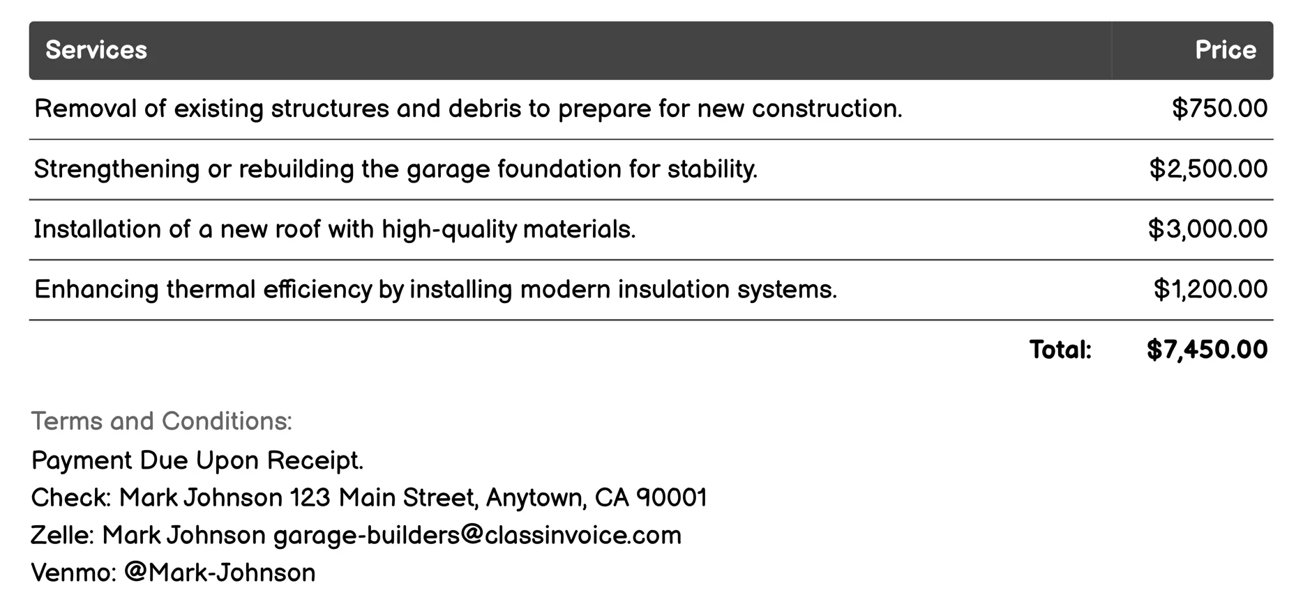 Garage Remodeling Invoice Example