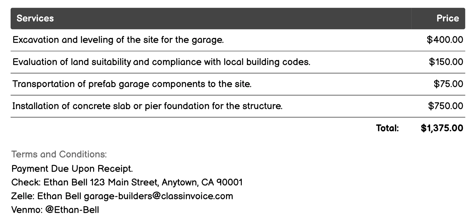 Prefab Garage Assembly Invoice Example