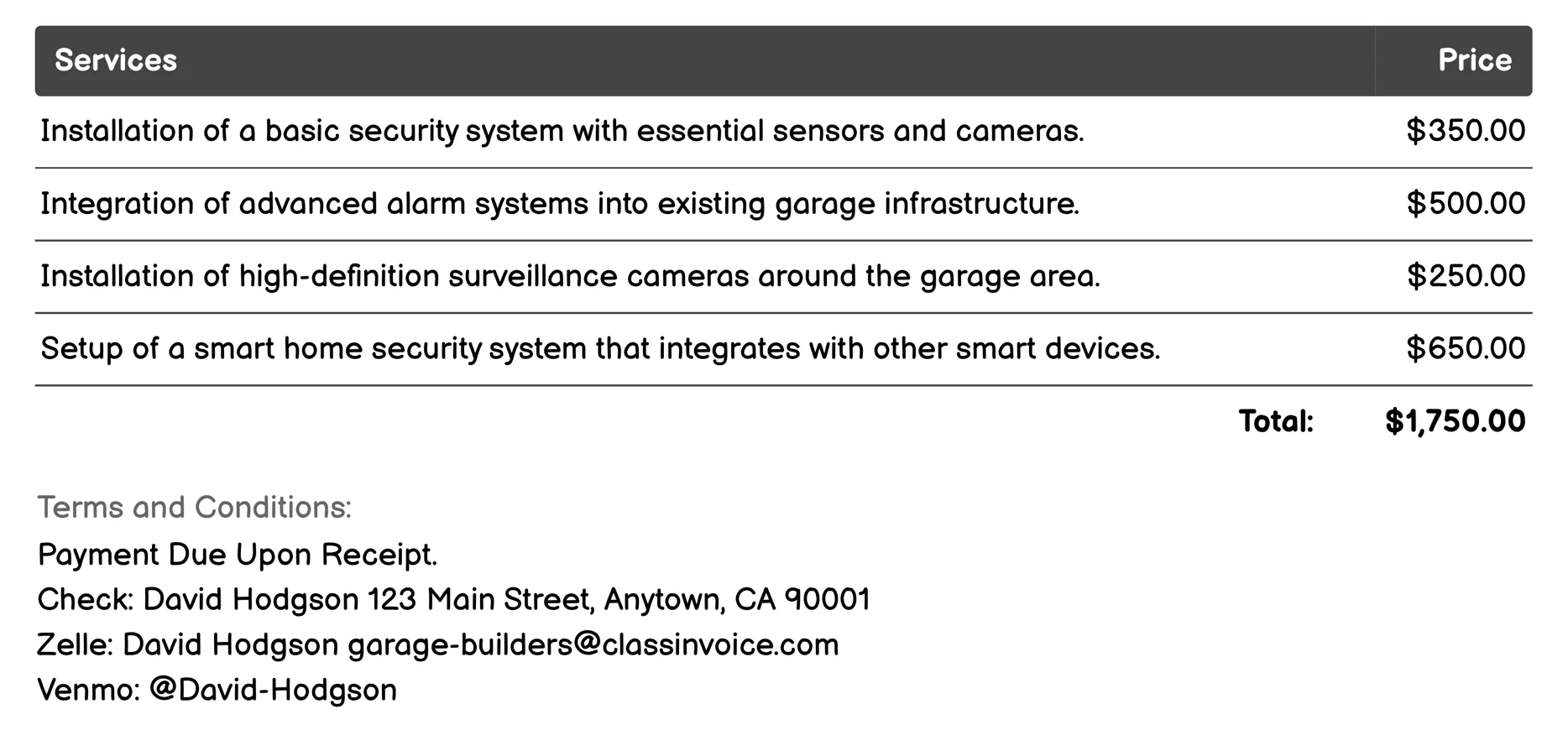 Security System Installation Invoice Example