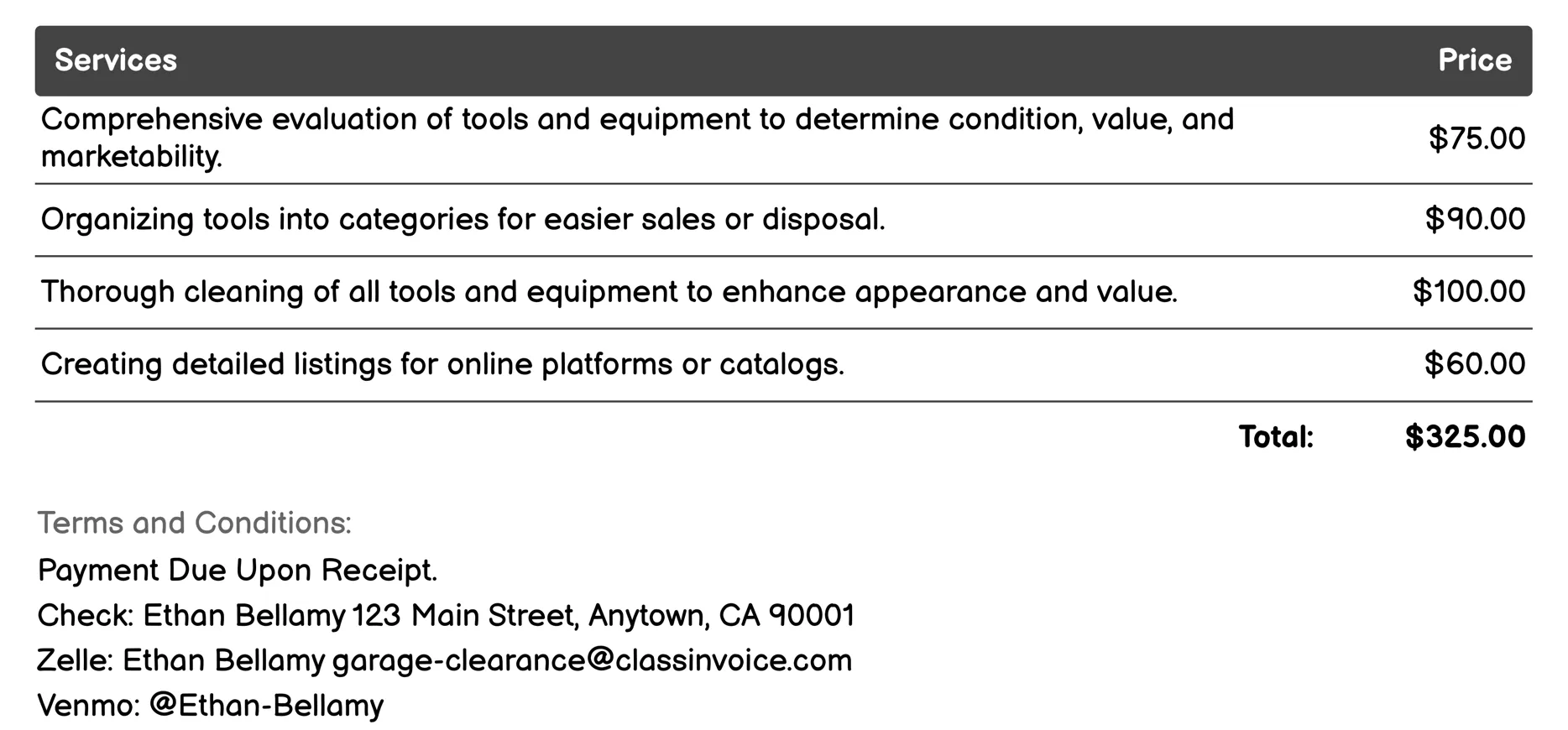 Tool and Equipment Sales Invoice Example