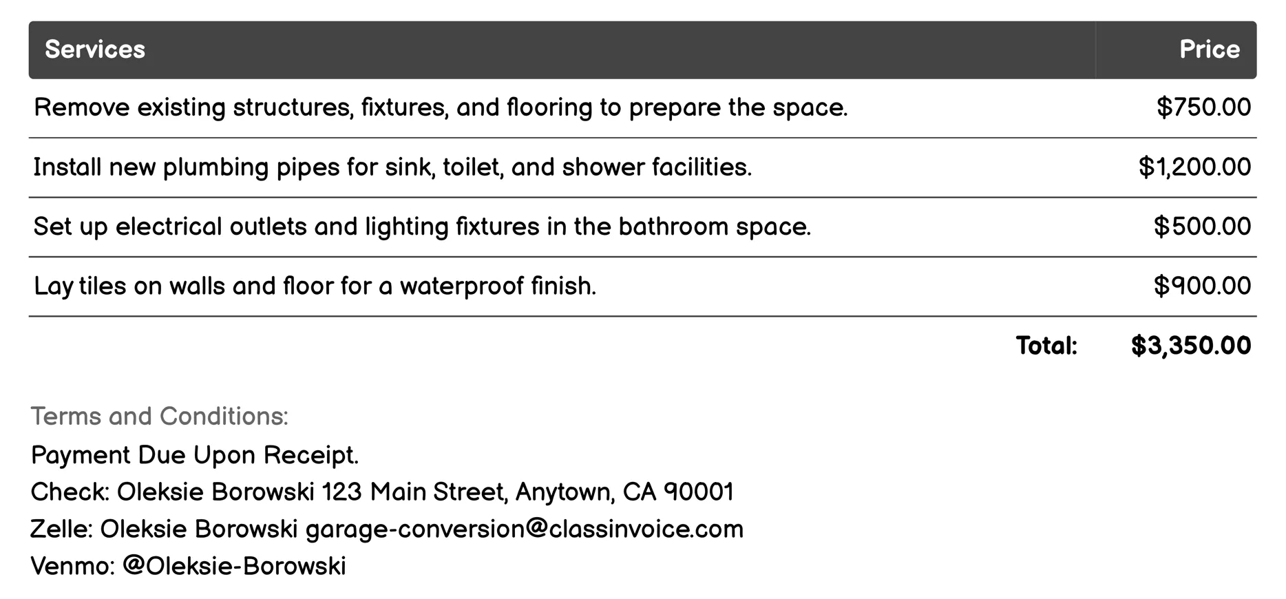 Bathroom Installation Invoice Example