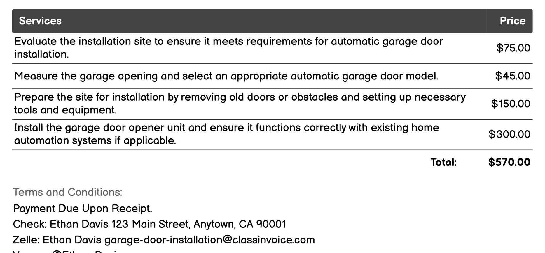 Automatic Garage Door Installation Invoice Example