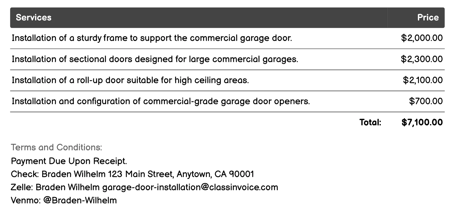 Commercial Garage Door Installation Invoice Example