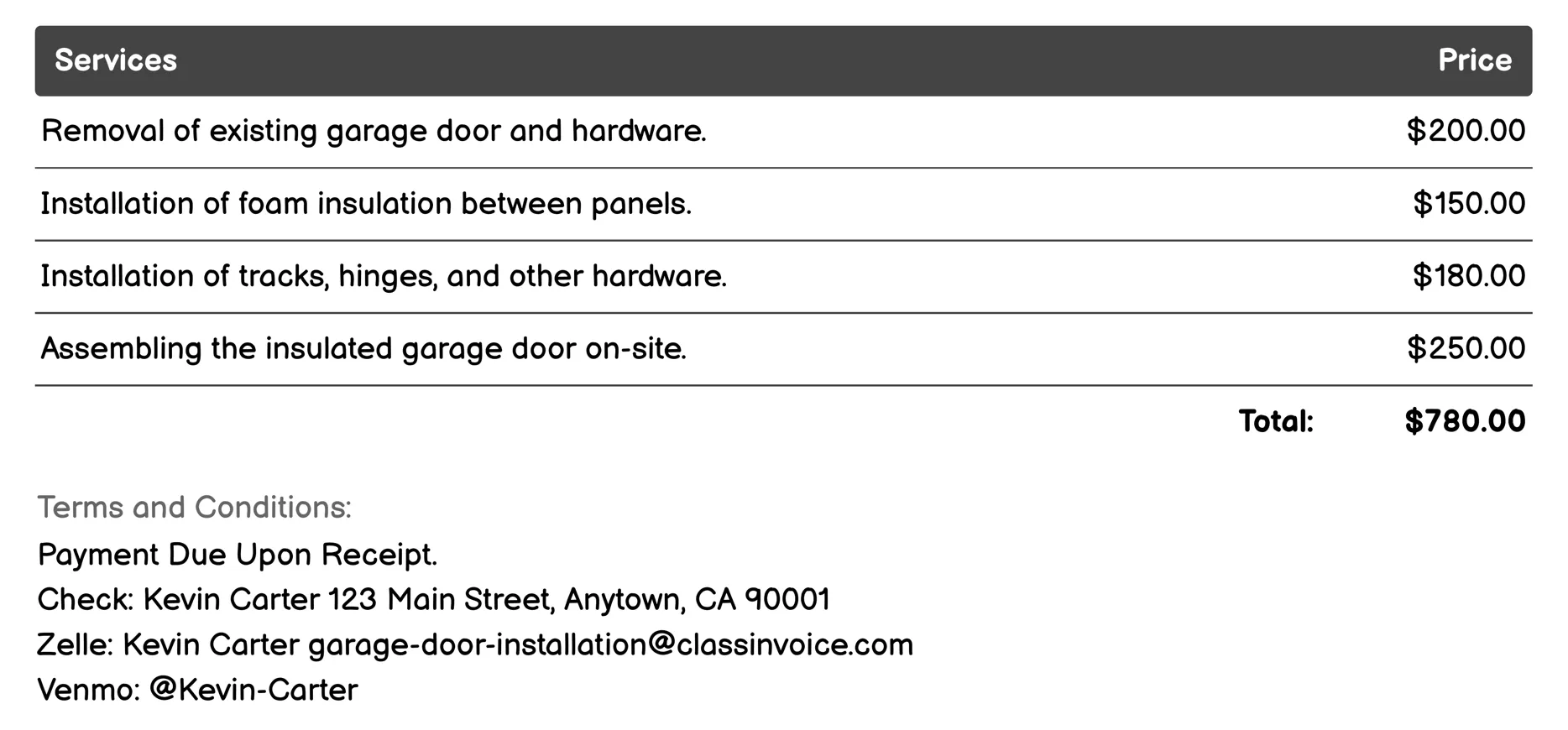 Insulated Garage Door Installation Invoice Example
