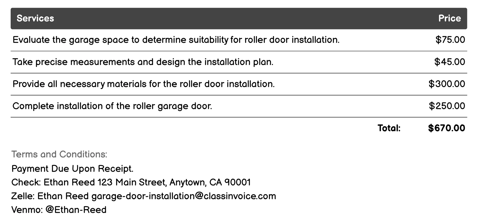 Roller Garage Door Installation Invoice Example