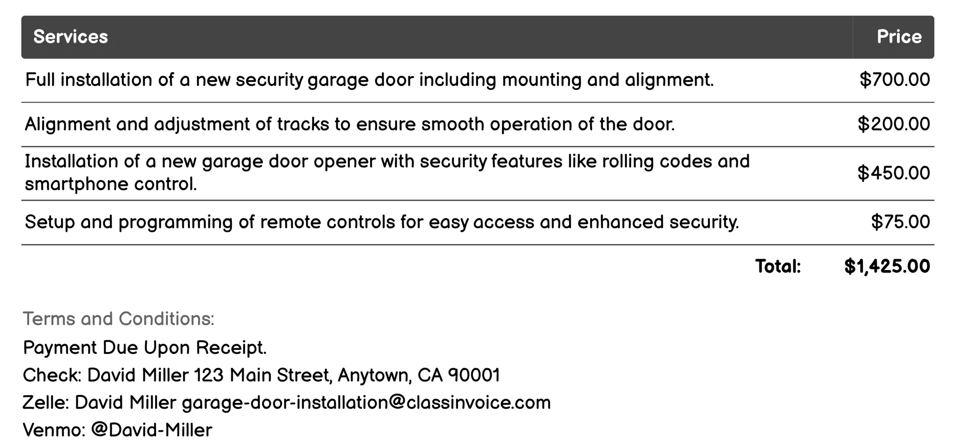 Security Garage Door Installation Invoice Example
