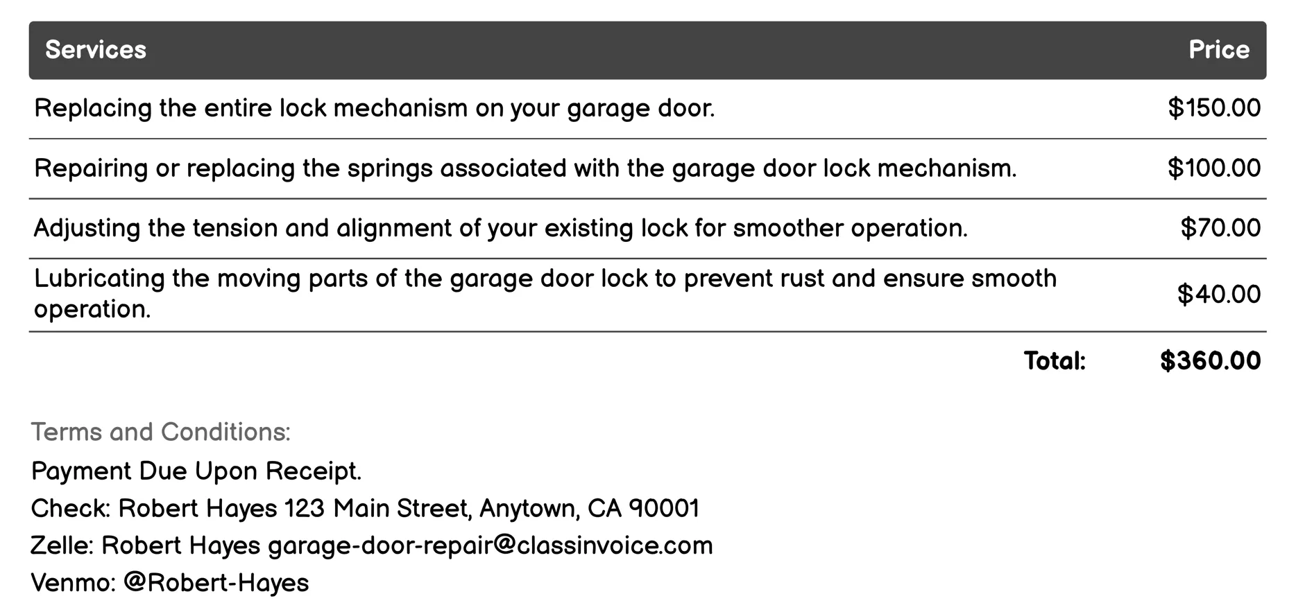 Lock Mechanism Repair Invoice Example