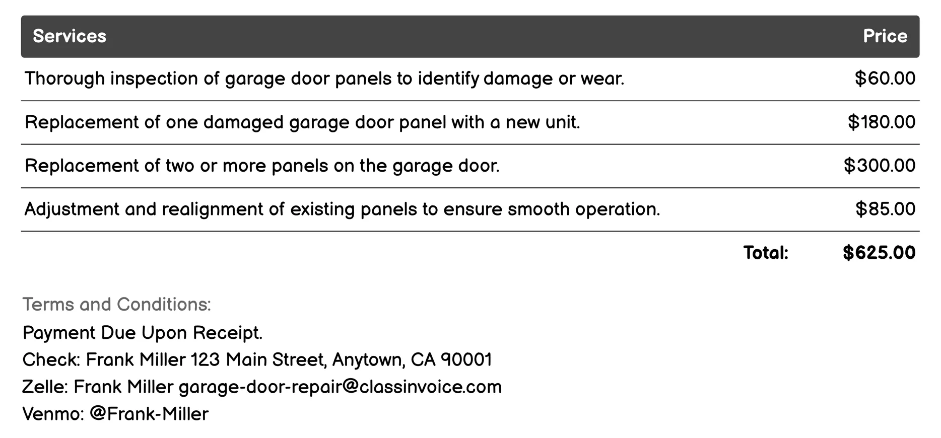 Panel Repair or Replacement Invoice Example