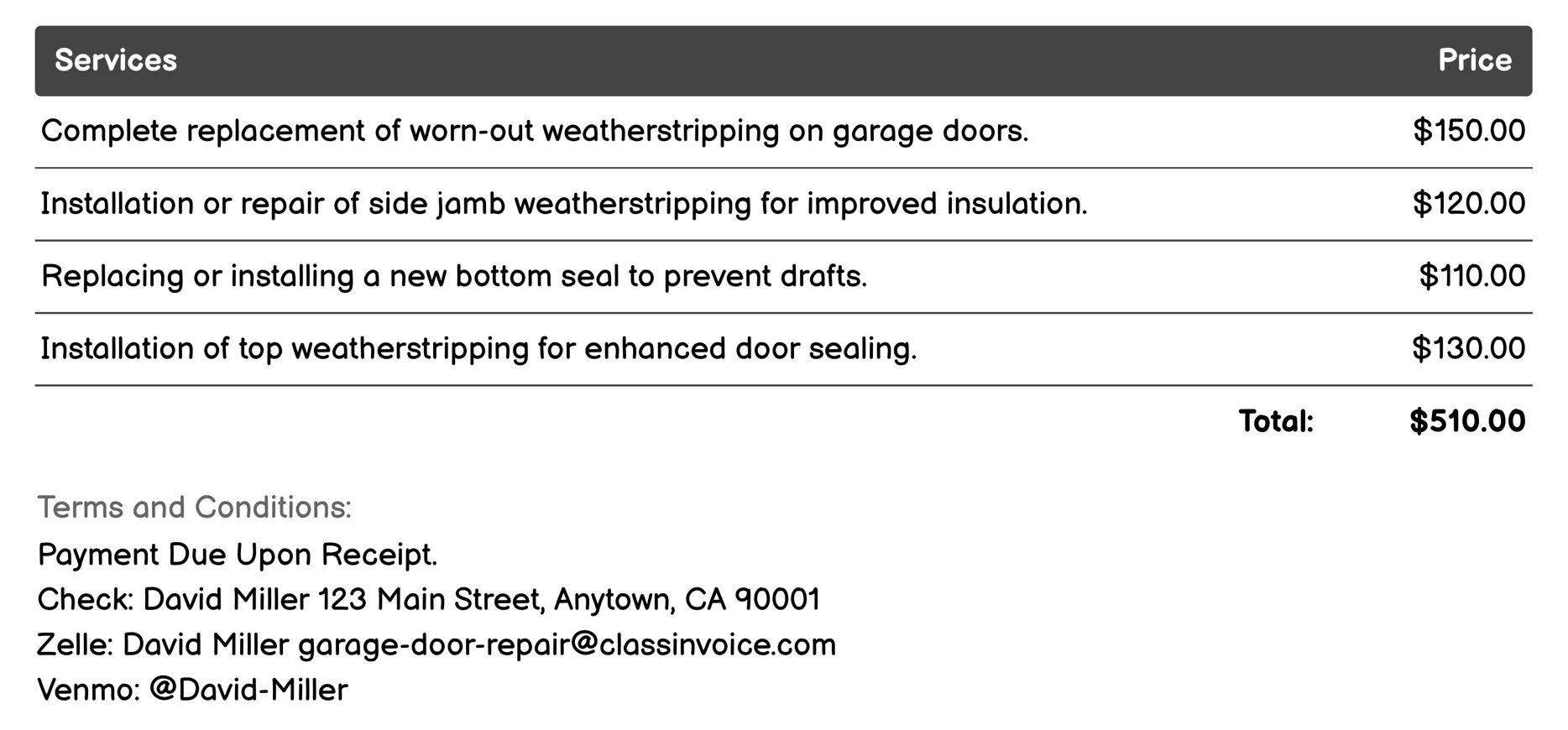 Weatherstripping Installation Invoice Example