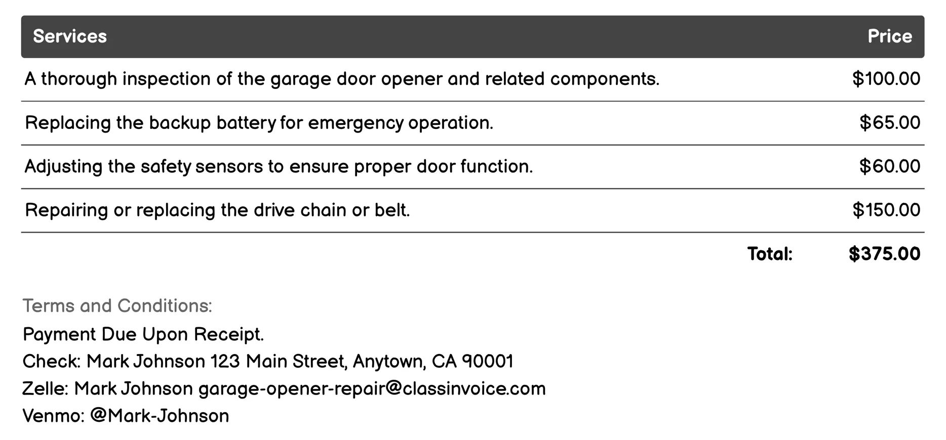 Emergency Garage Door Opener Repair Invoice Example