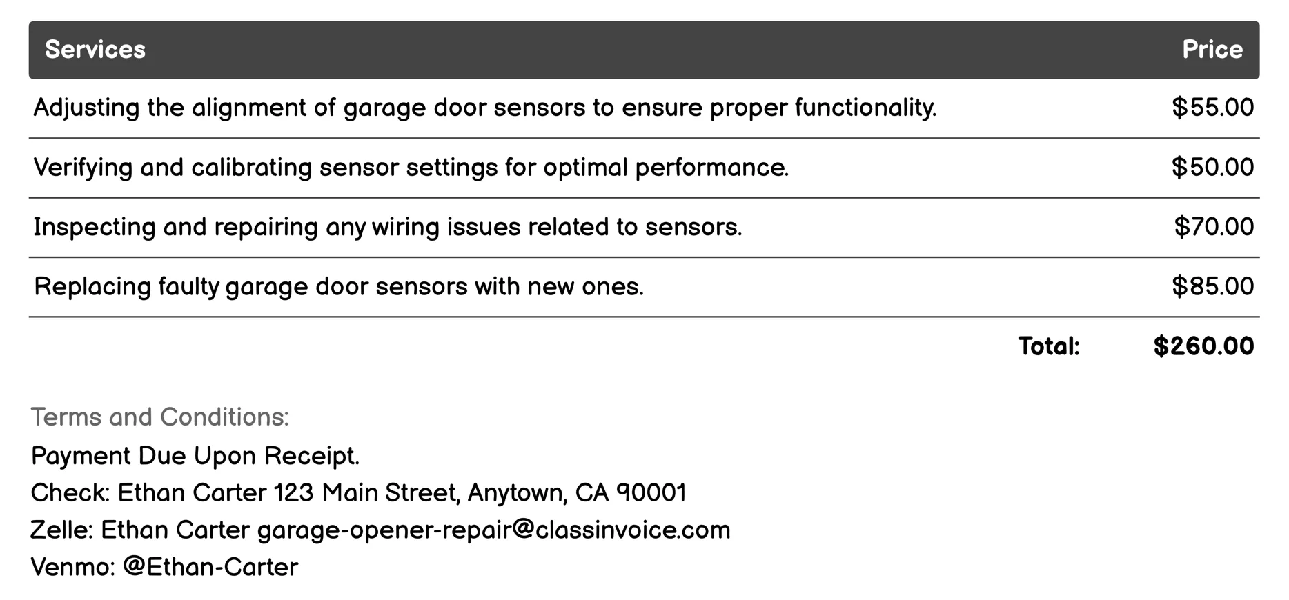 Sensor Adjustment and Calibration Invoice Example