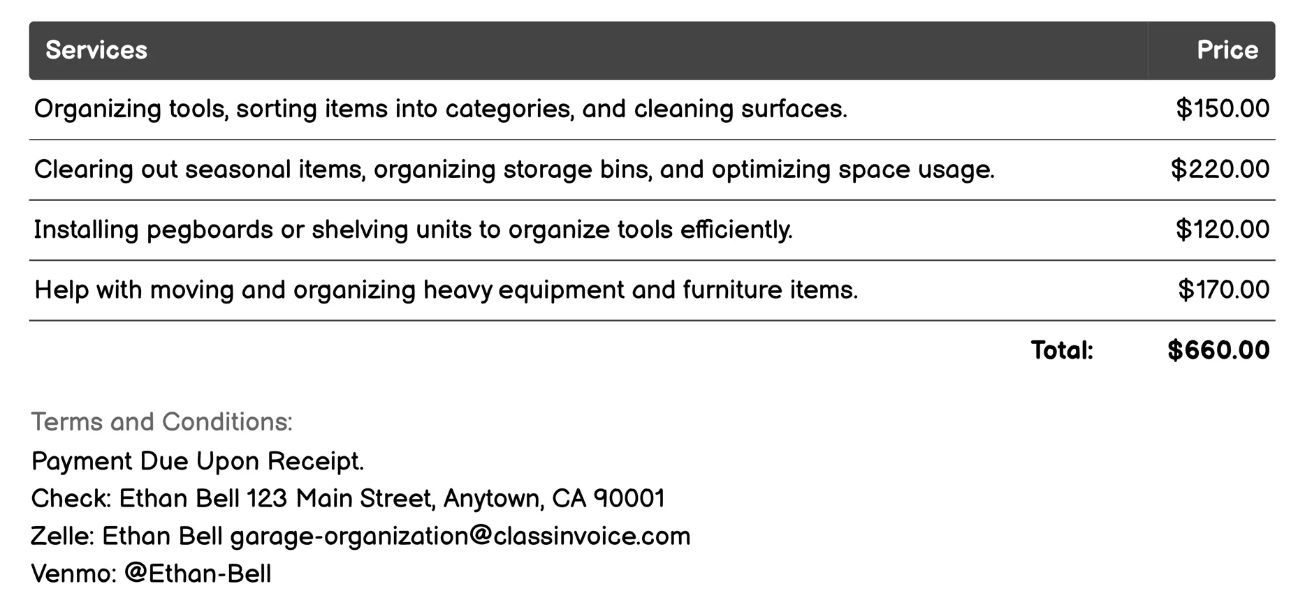 Decluttering Services Invoice Example