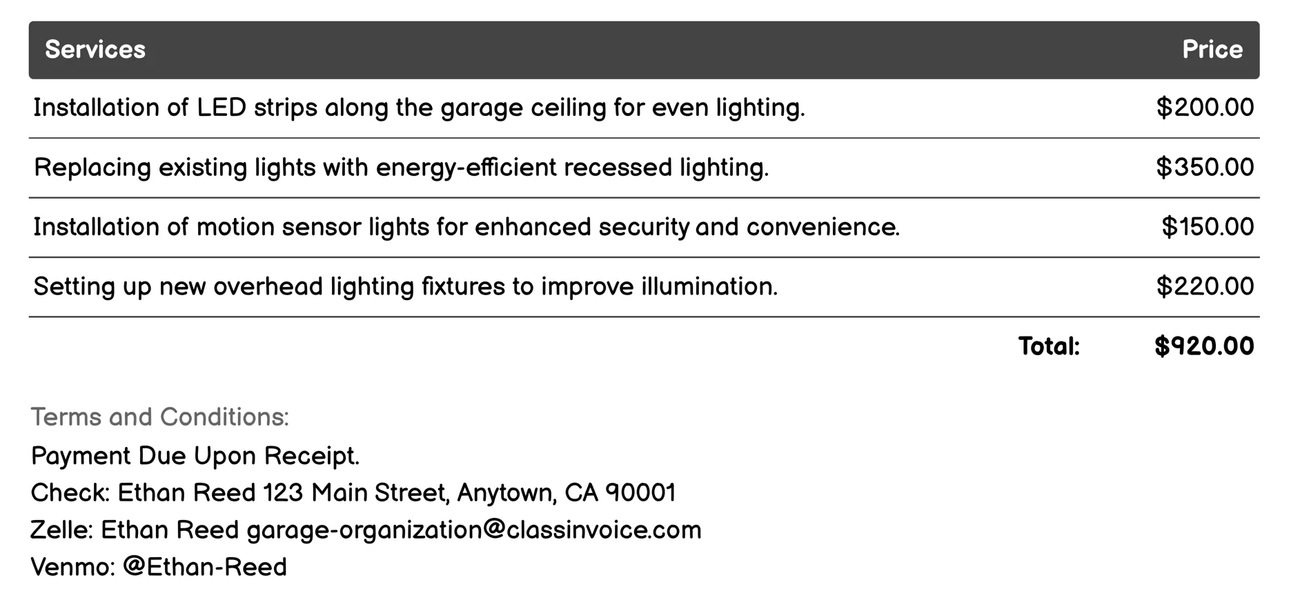 Lighting Enhancement Invoice Example