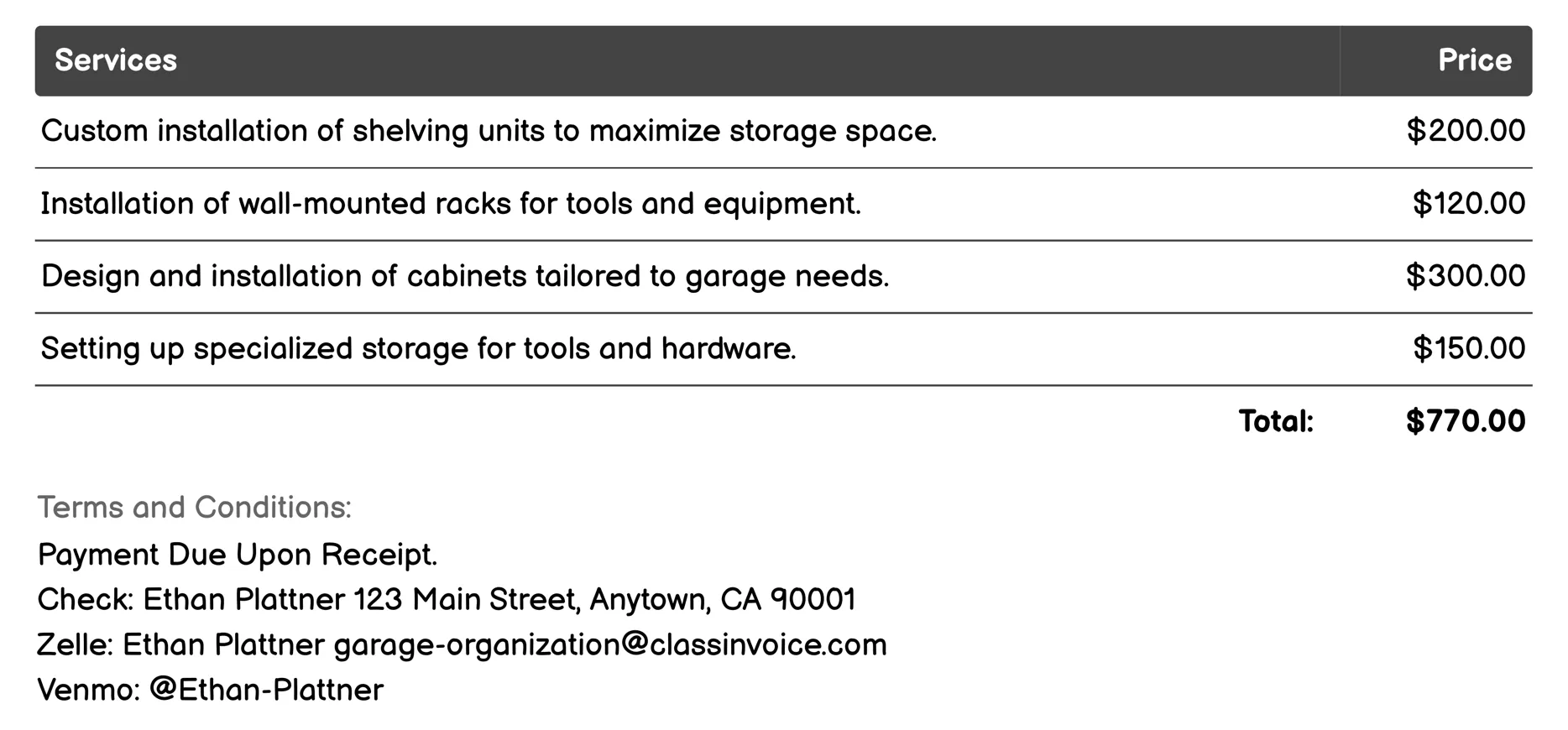 Storage Solutions Invoice Example