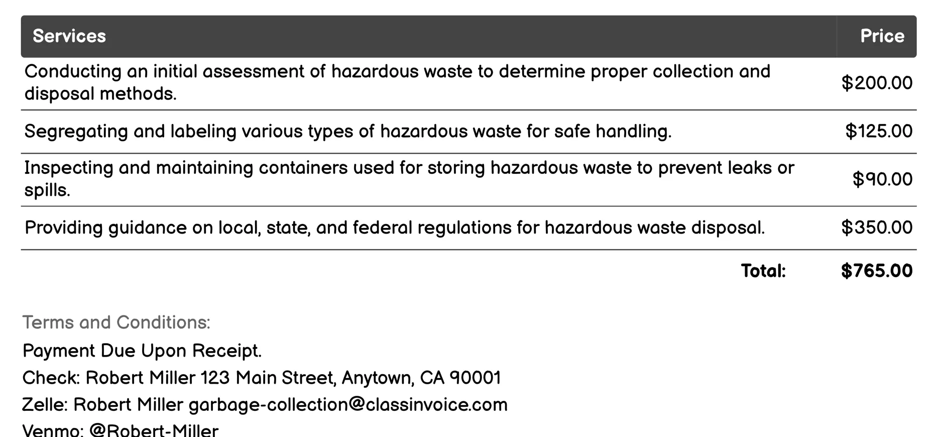 Hazardous Waste Disposal Invoice Example