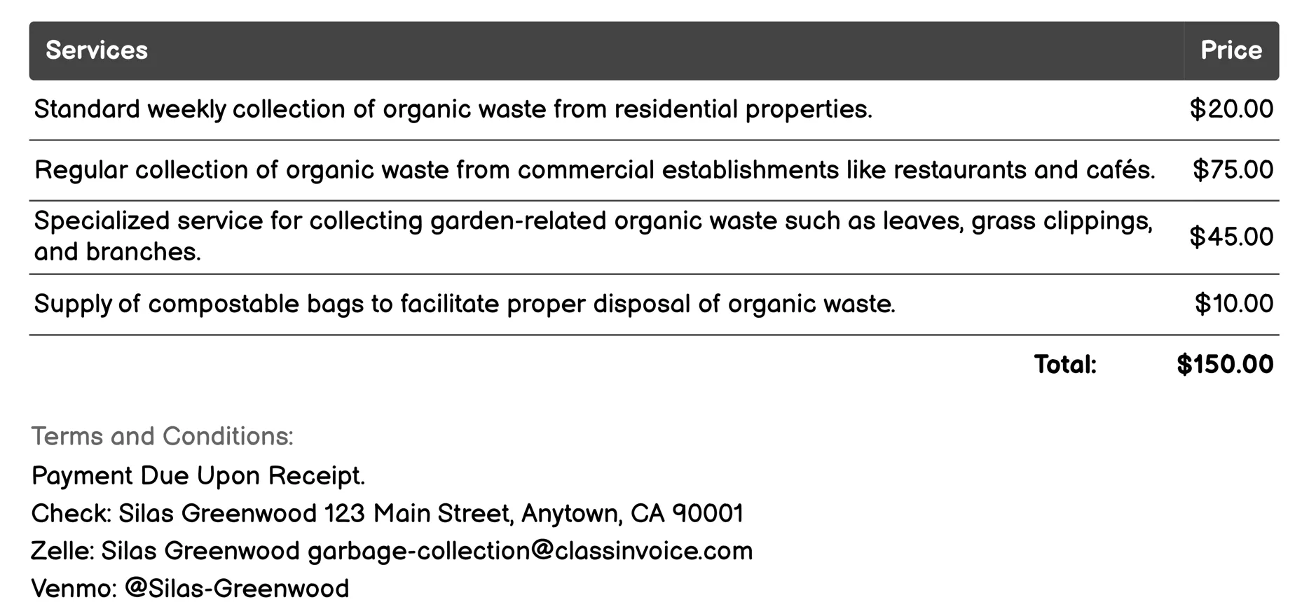 Organic Waste Collection Invoice Example