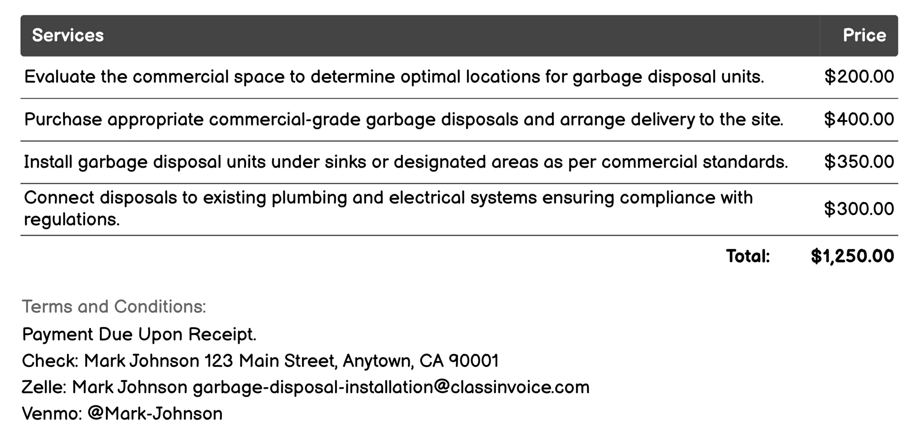Commercial Garbage Disposal Installation Invoice Example