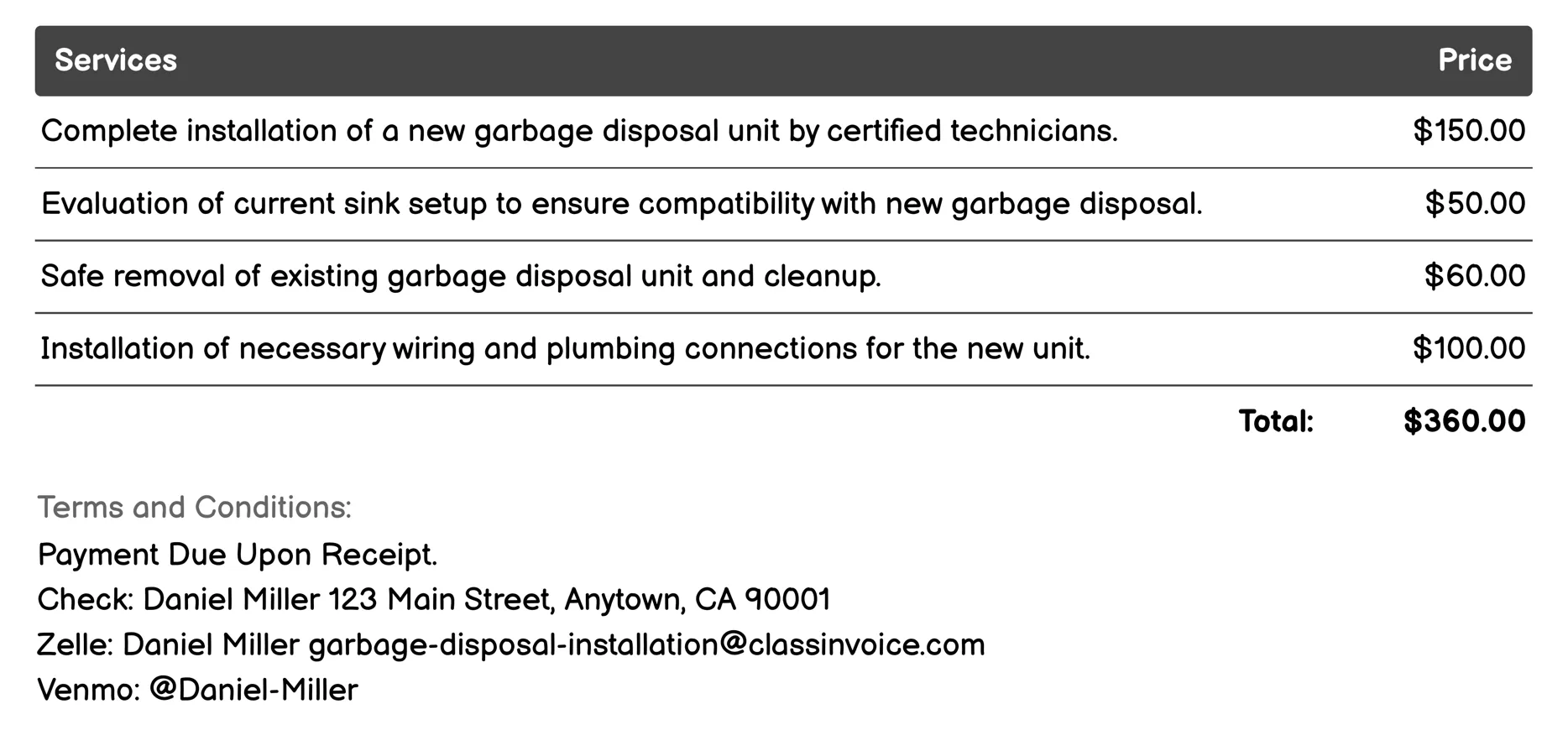 Garbage Disposal Replacement Services Invoice Example