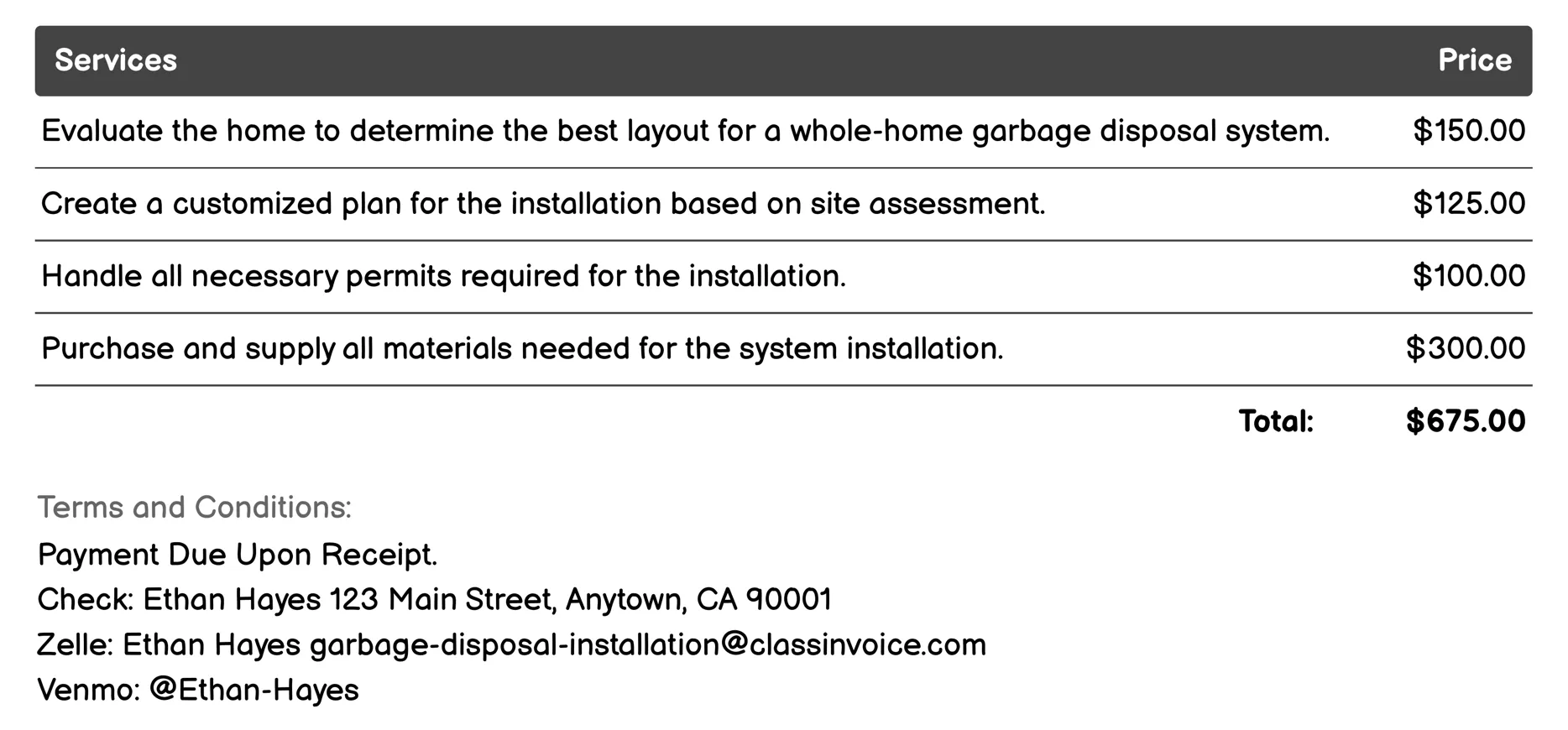 Whole-Home Garbage Disposal System Installation Invoice Example