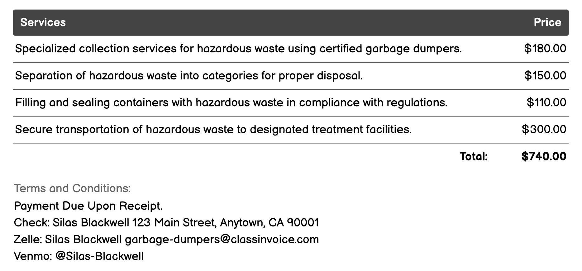 Hazardous Waste Handling Invoice Example