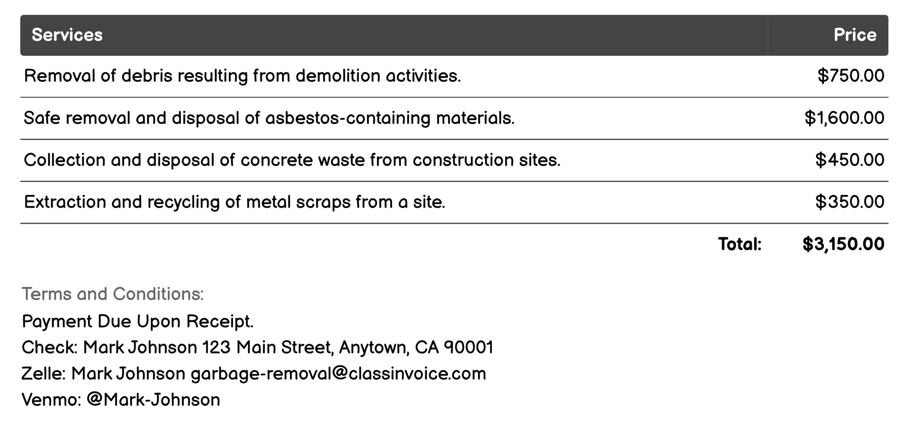 Construction Debris Removal Invoice Example