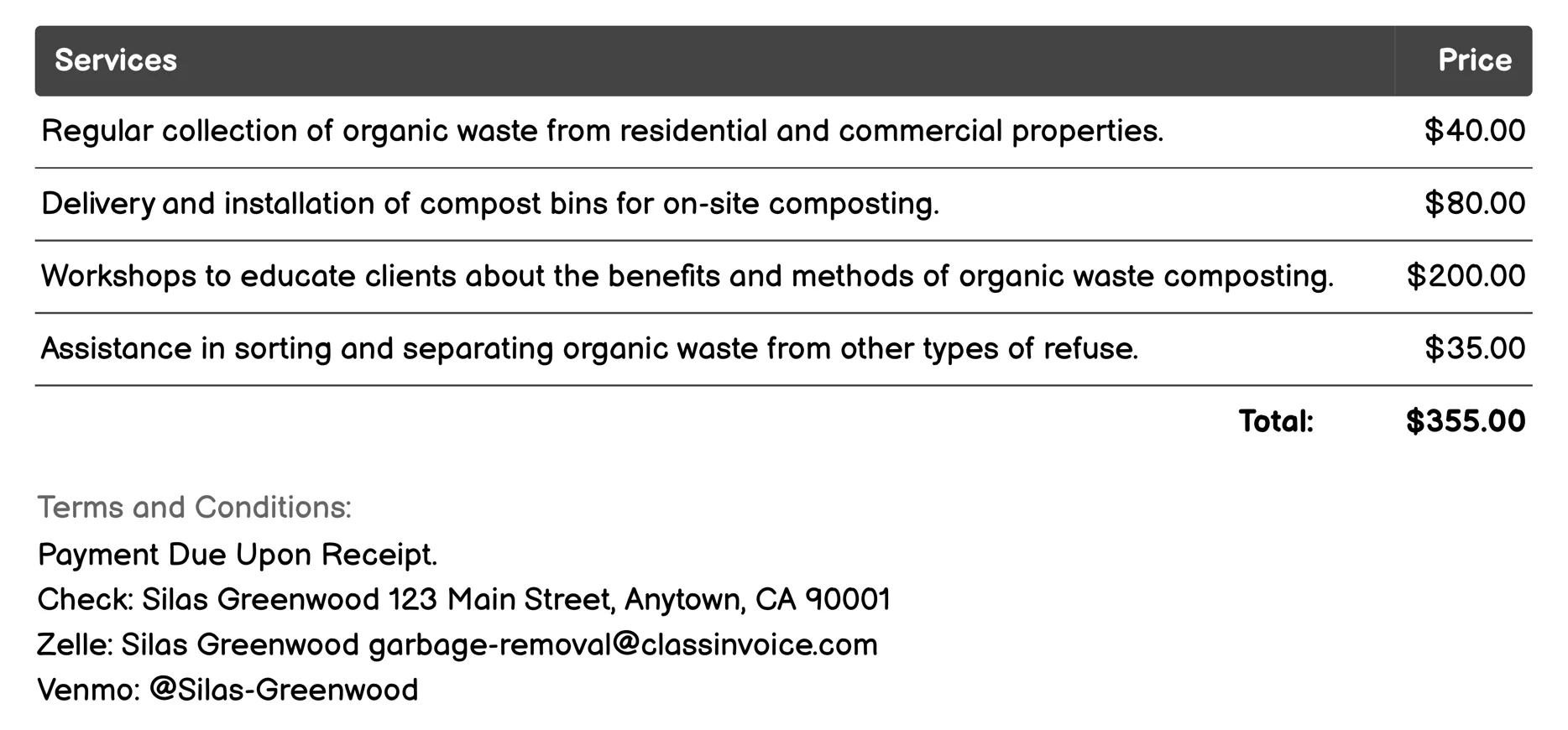 Organic Waste Composting Invoice Example