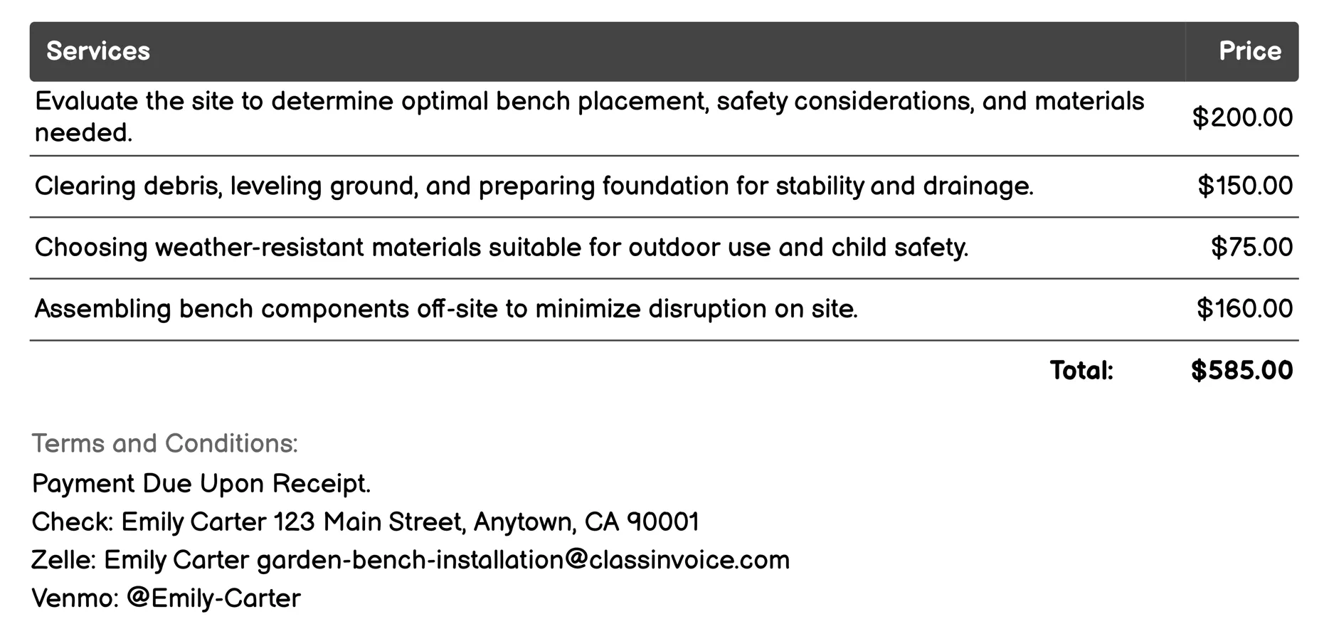 Children's Garden or Play Area Bench Installation Invoice Example