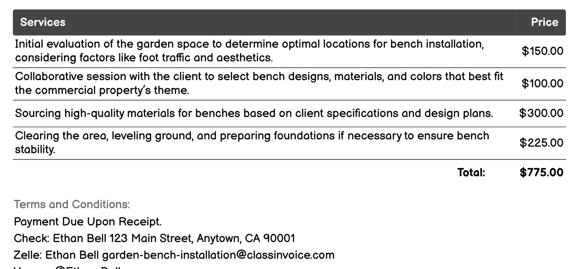 Commercial Property Garden Bench Installation Invoice Example