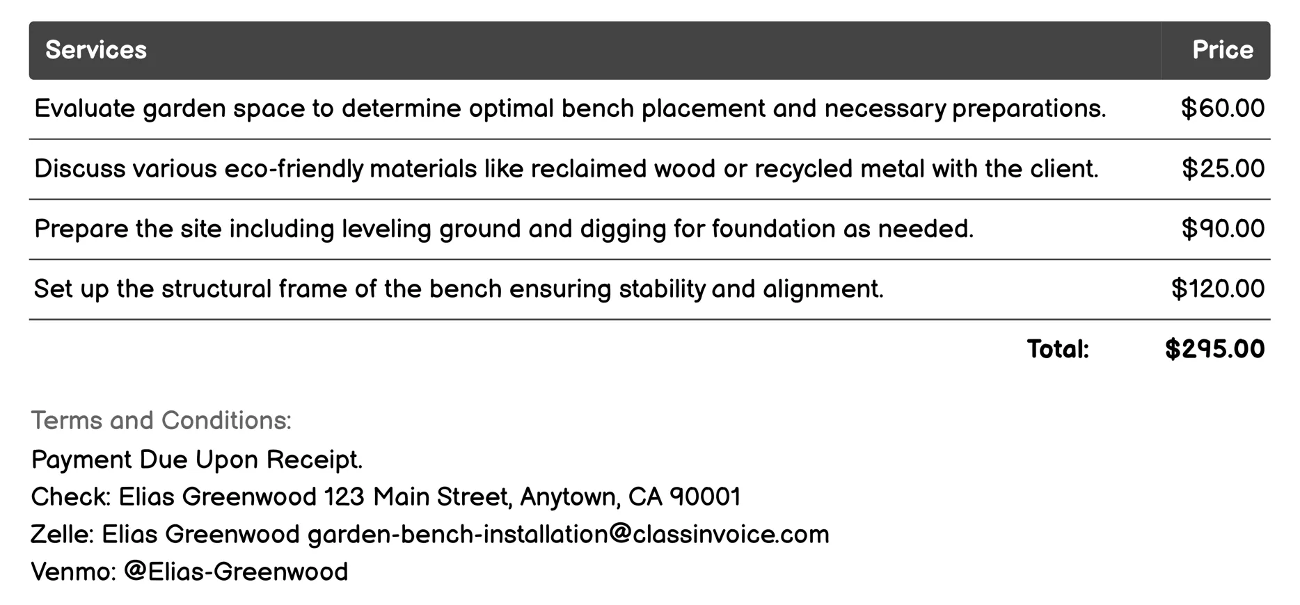Eco-Friendly Material Bench Installation Invoice Example