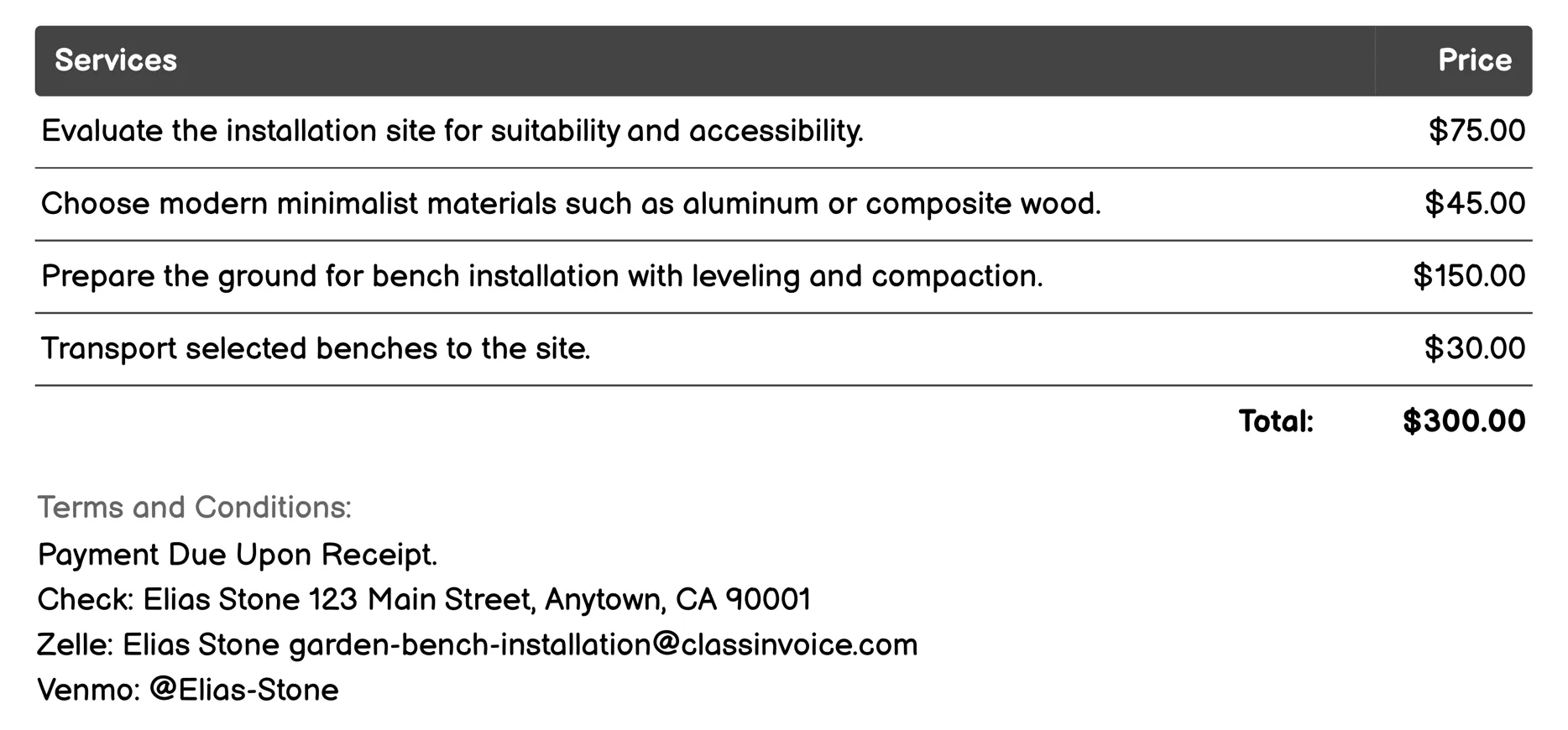 Modern Minimalist Bench Installation Invoice Example