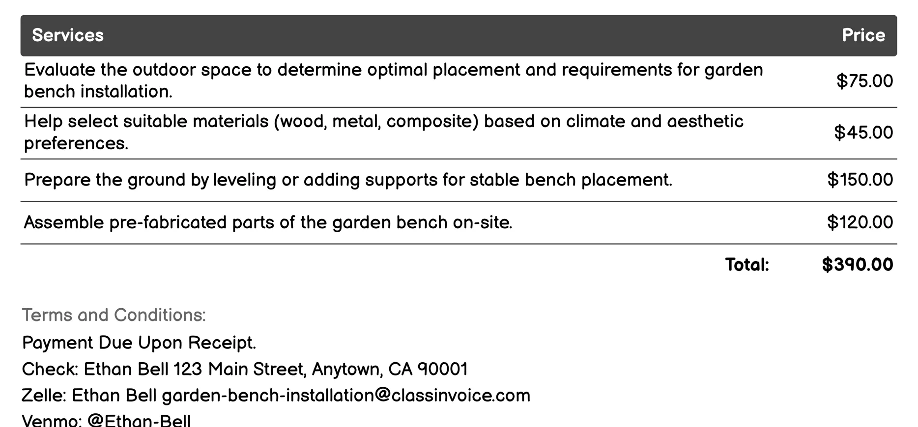 Outdoor Living Space Enhancement Invoice Example