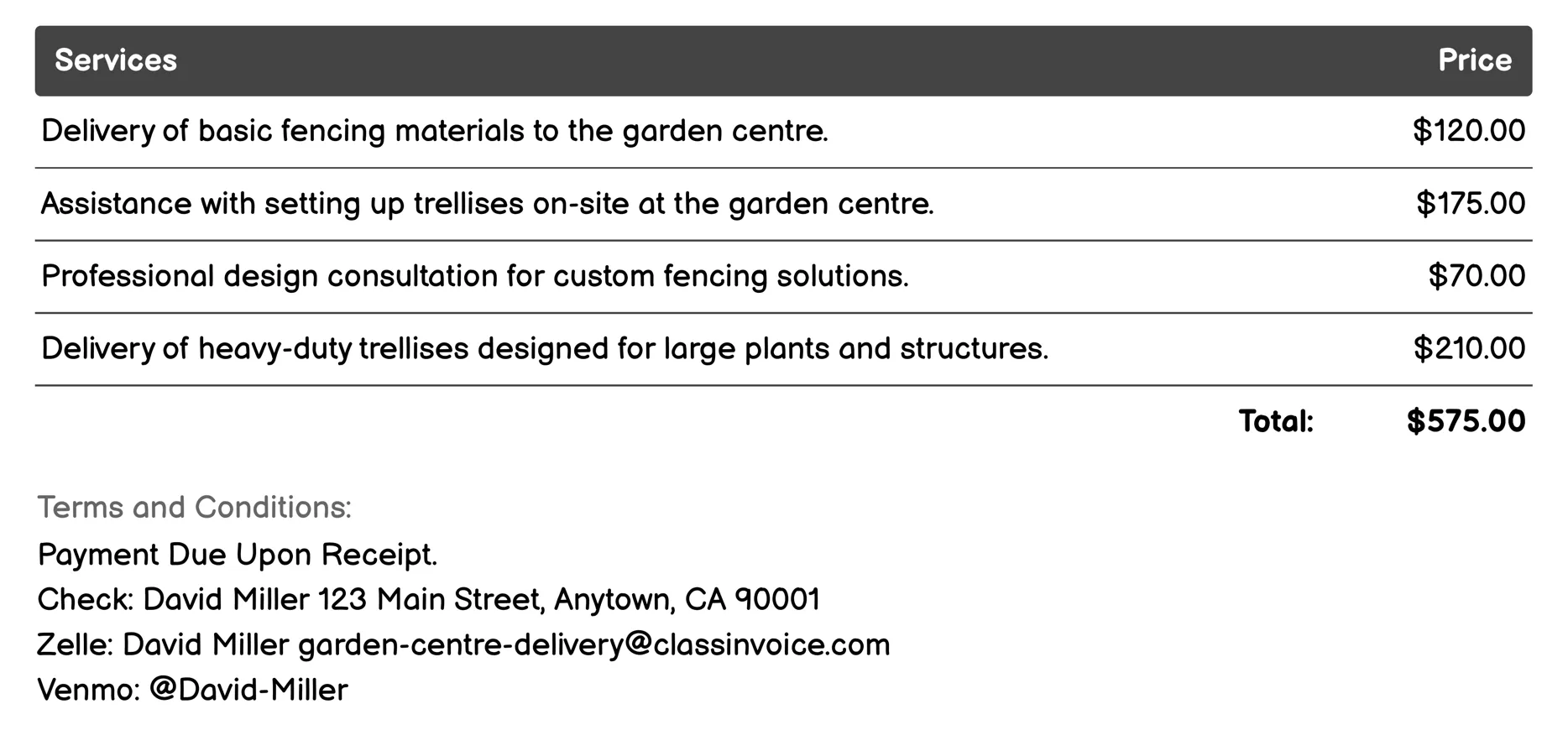 Fencing and Trellis Supply Invoice Example