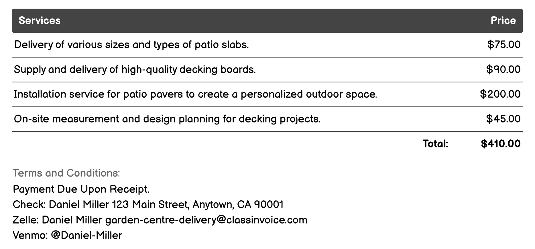Patio and Decking Supplies Invoice Example