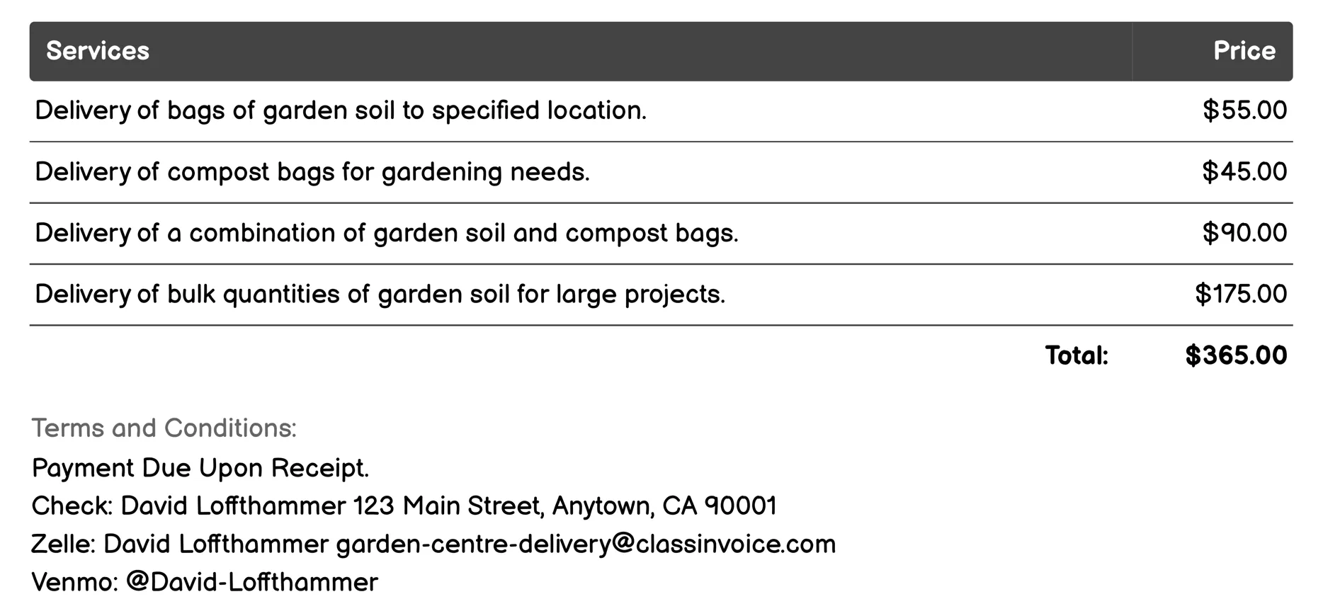 Soil and Compost Delivery Invoice Example