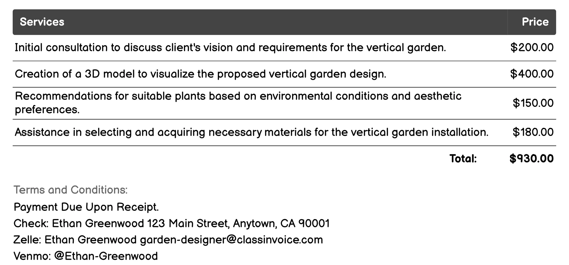Vertical Garden Design Invoice Example