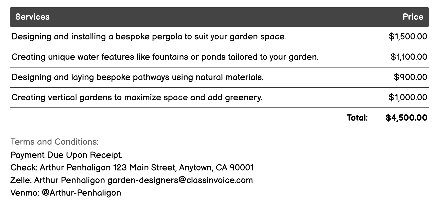Bespoke Garden Features Invoice Example