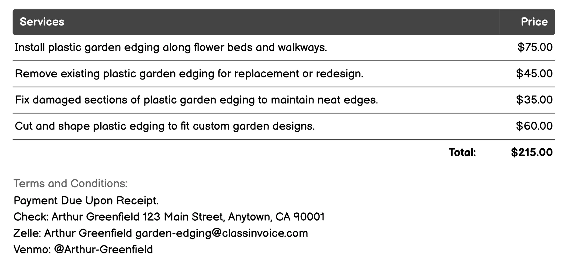 Plastic Garden Edging Invoice Example