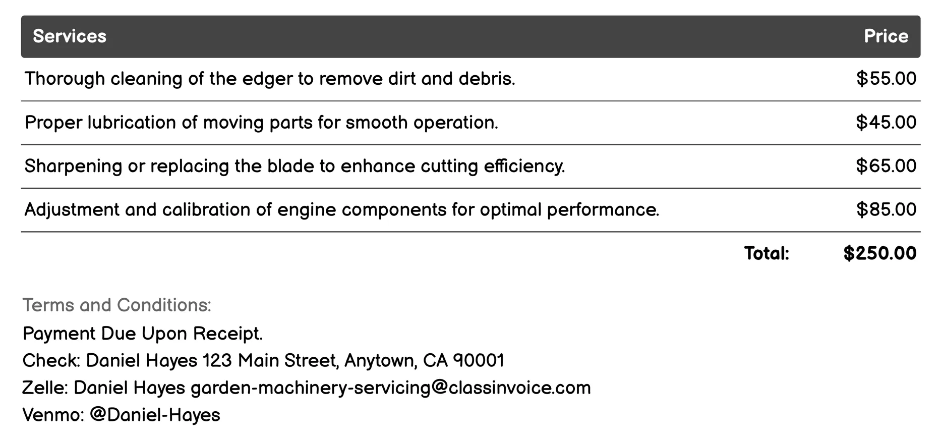 Edger Servicing Invoice Example