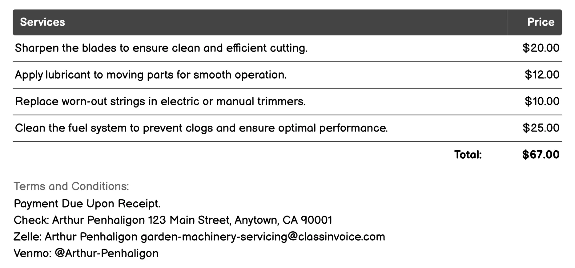 Hedge Trimmer Servicing Invoice Example