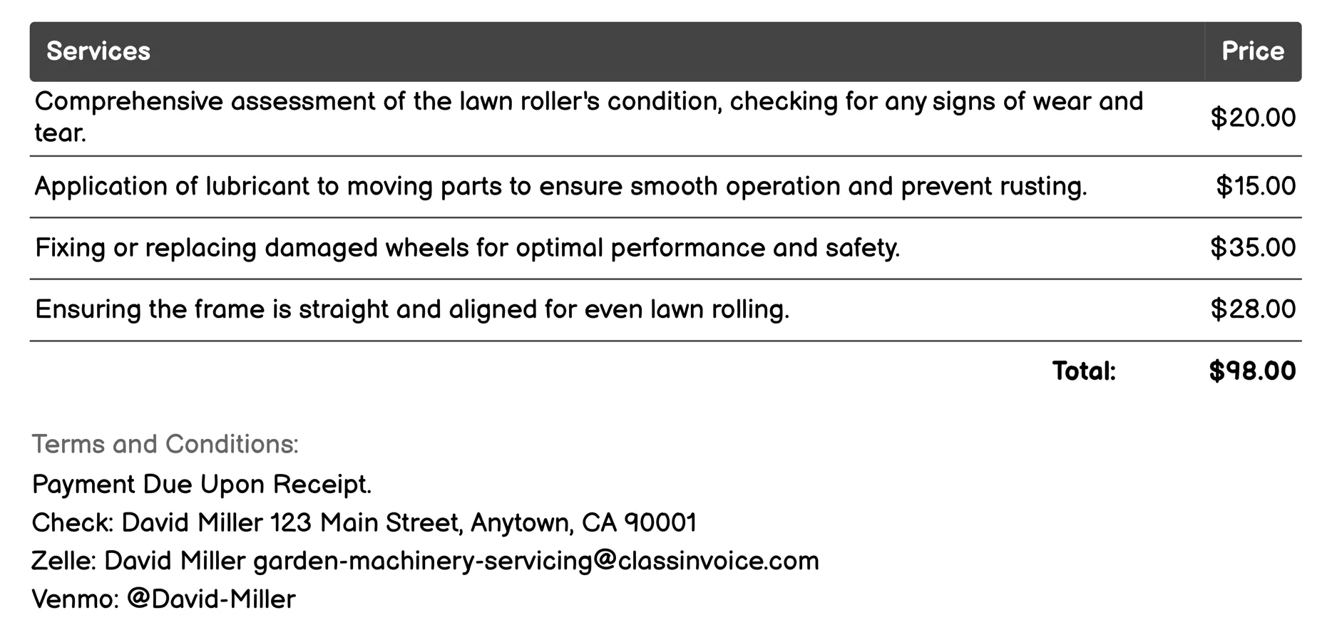 Lawn Roller Servicing Invoice Example
