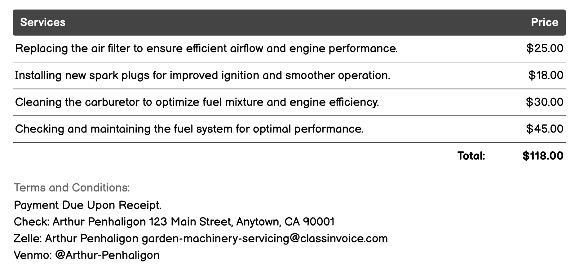 Leaf Blower Servicing Invoice Example