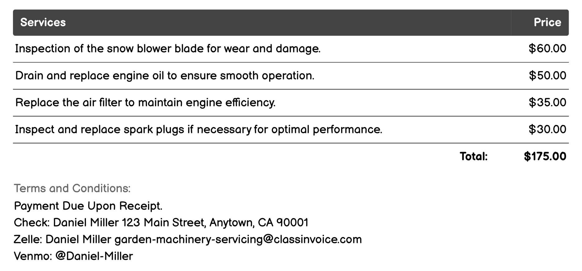 Snow Blower Servicing Invoice Example