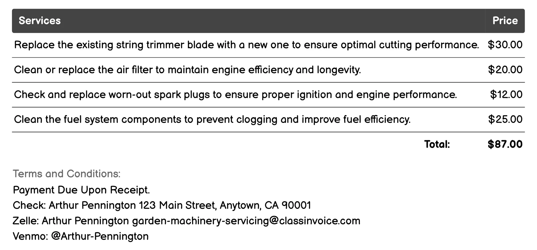 String Trimmer (Weed Whacker) Servicing Invoice Example