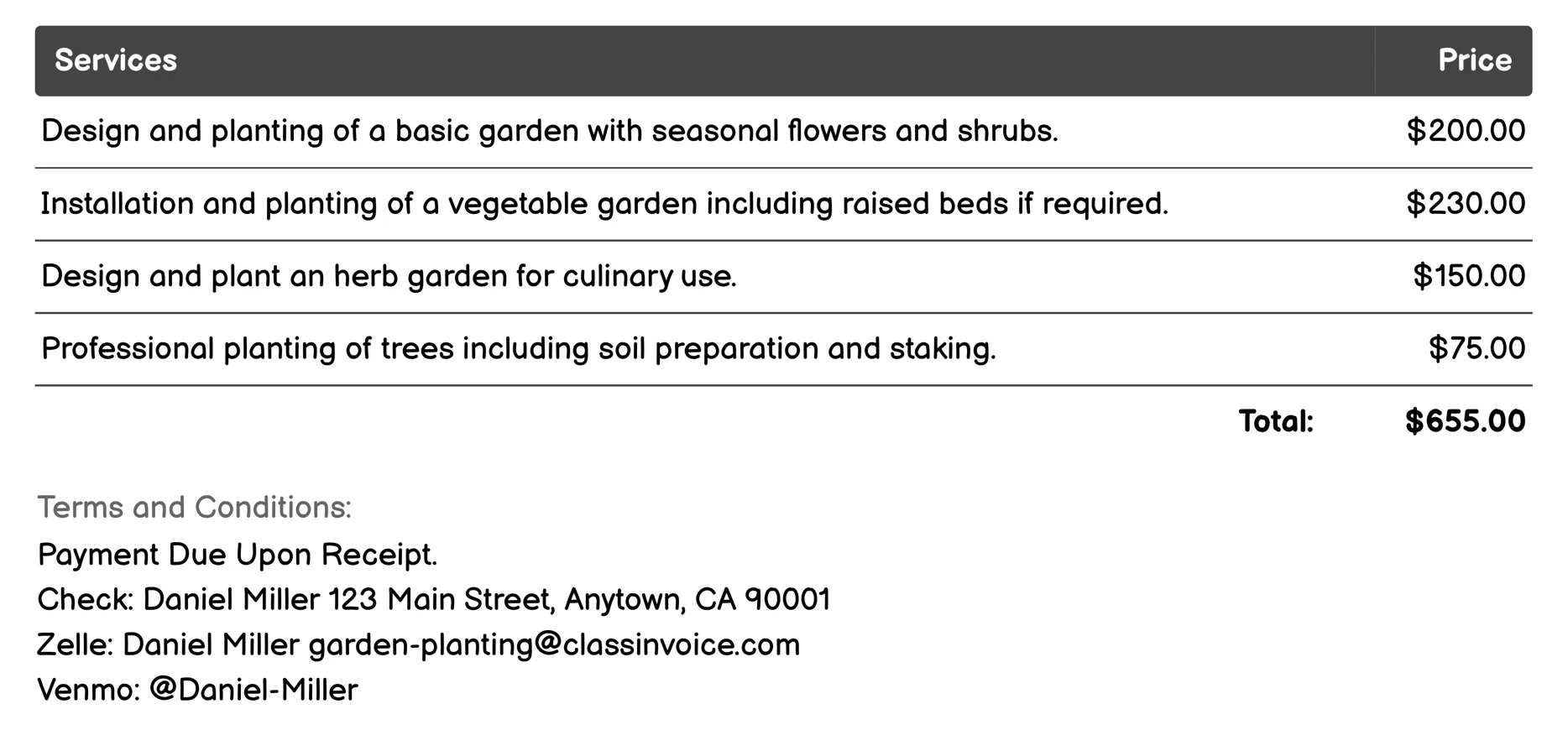 Planting Services Invoice Example