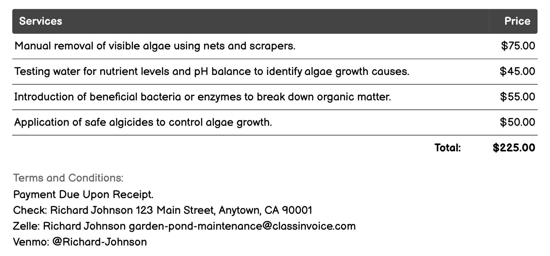 Algae Control Invoice Example
