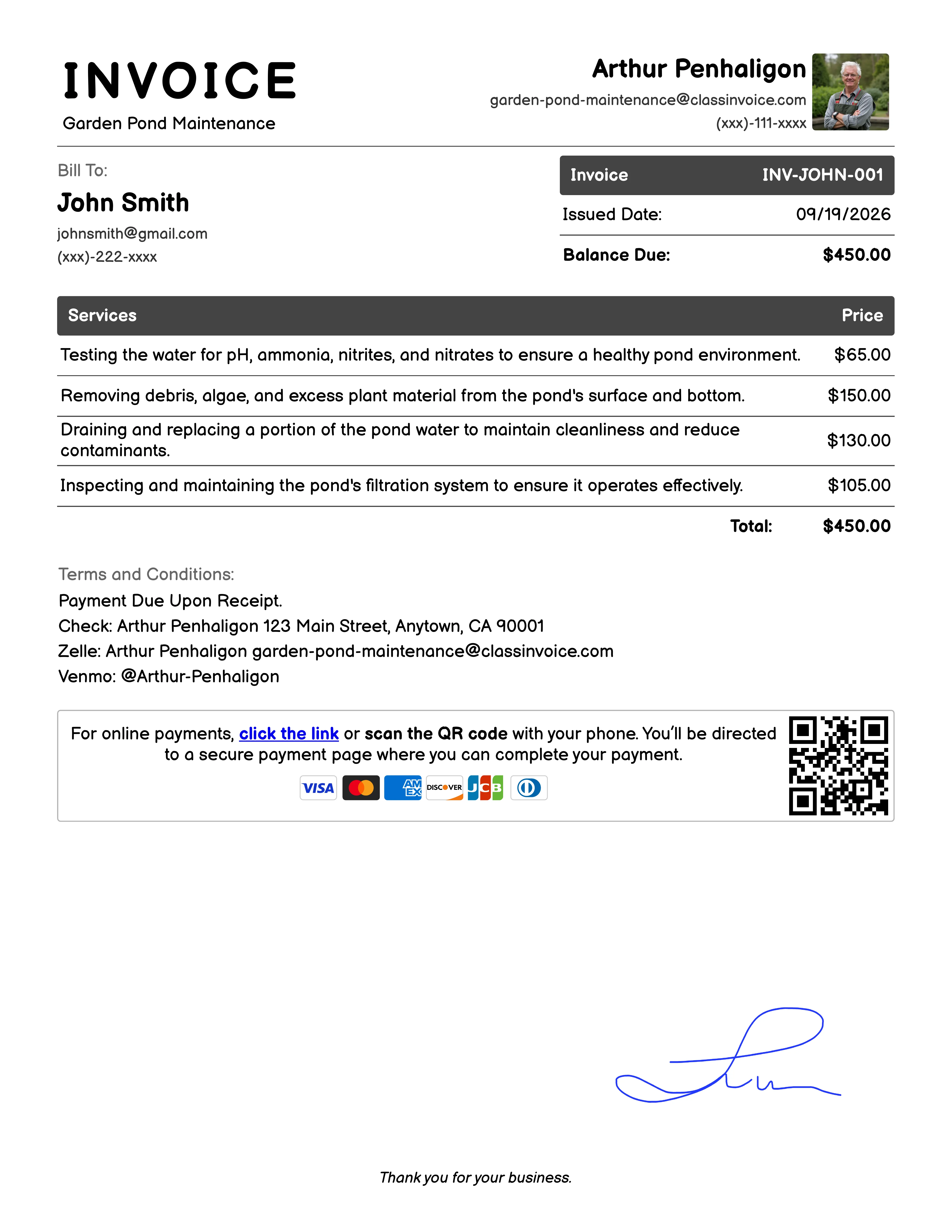 Garden Pond Maintenance Invoice Example