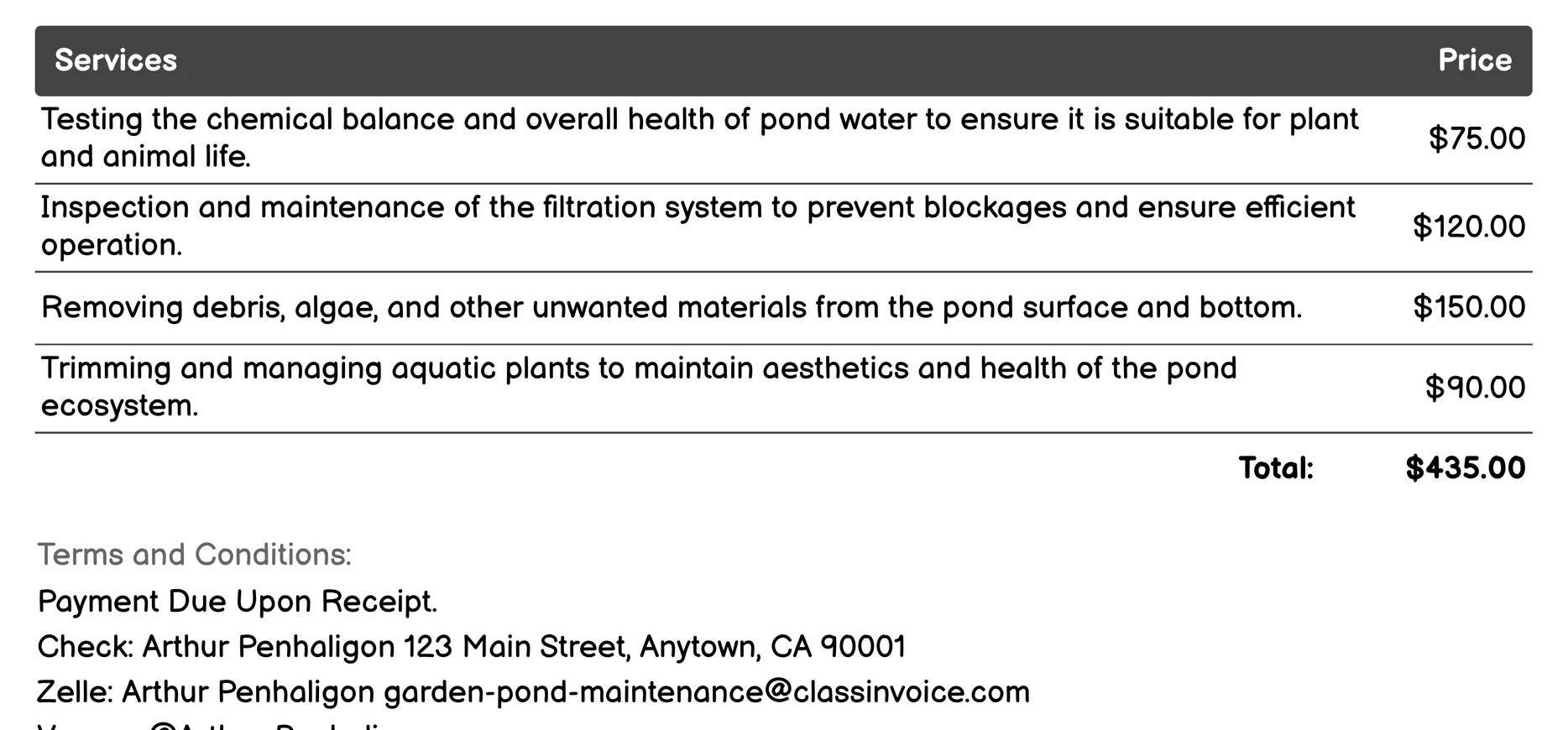 Seasonal Preparation Invoice Example